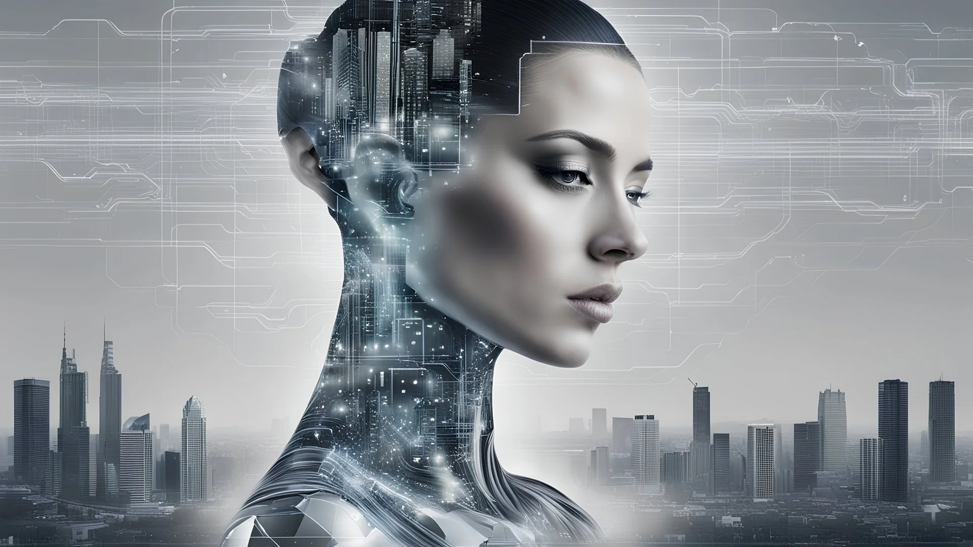 Double Exposure collage portrait of android-human transparent woman face with microchip pattern, cyberpunk, higtech city, skyline, silver sky background, cold, silver, grey, dark colors, futuristic mood, utopistic, high detailed