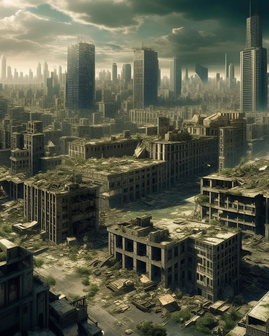 view of a futuristic the New York City in a post atomic catastrophic way, with lots of buildings in ruins,