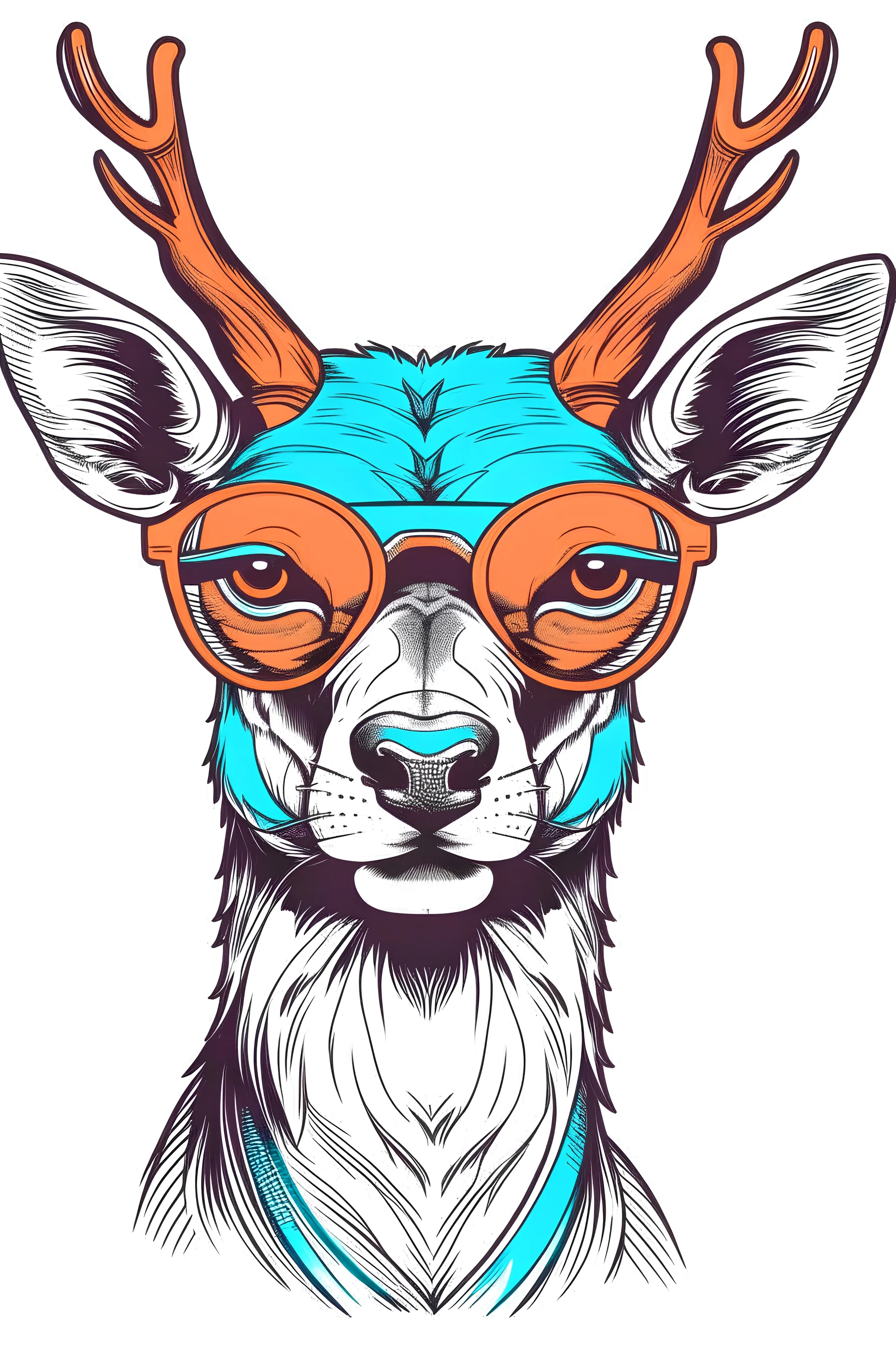 DEER wearing sunglasses, Style: Retro 80s, Mood: Groovy, T-shirt design graphic, vector, contour, white background.