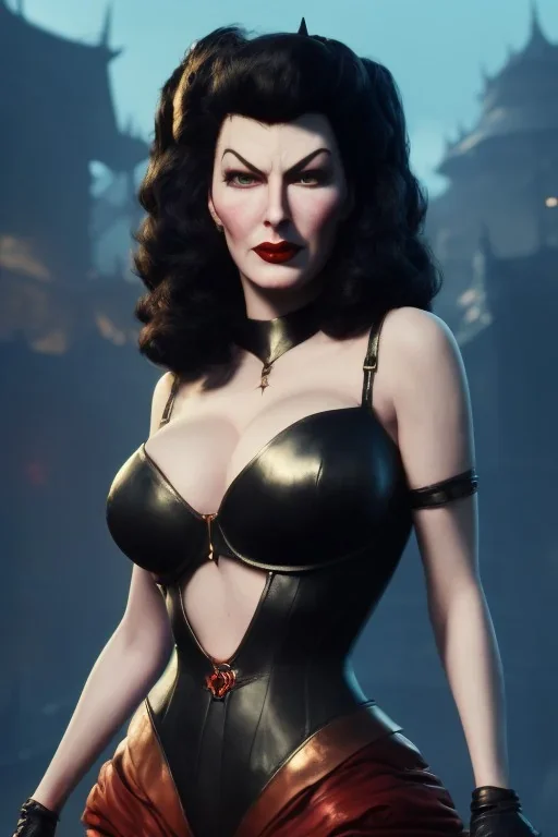 Ava Gardner as evil queen in black leather, busty, cleavage, curvy, angry, stern look. character design by cory loftis, fenghua zhong, ryohei hase, ismail inceoglu and ruan jia. unreal engine 5, artistic lighting, highly detailed, photorealistic, fantasy