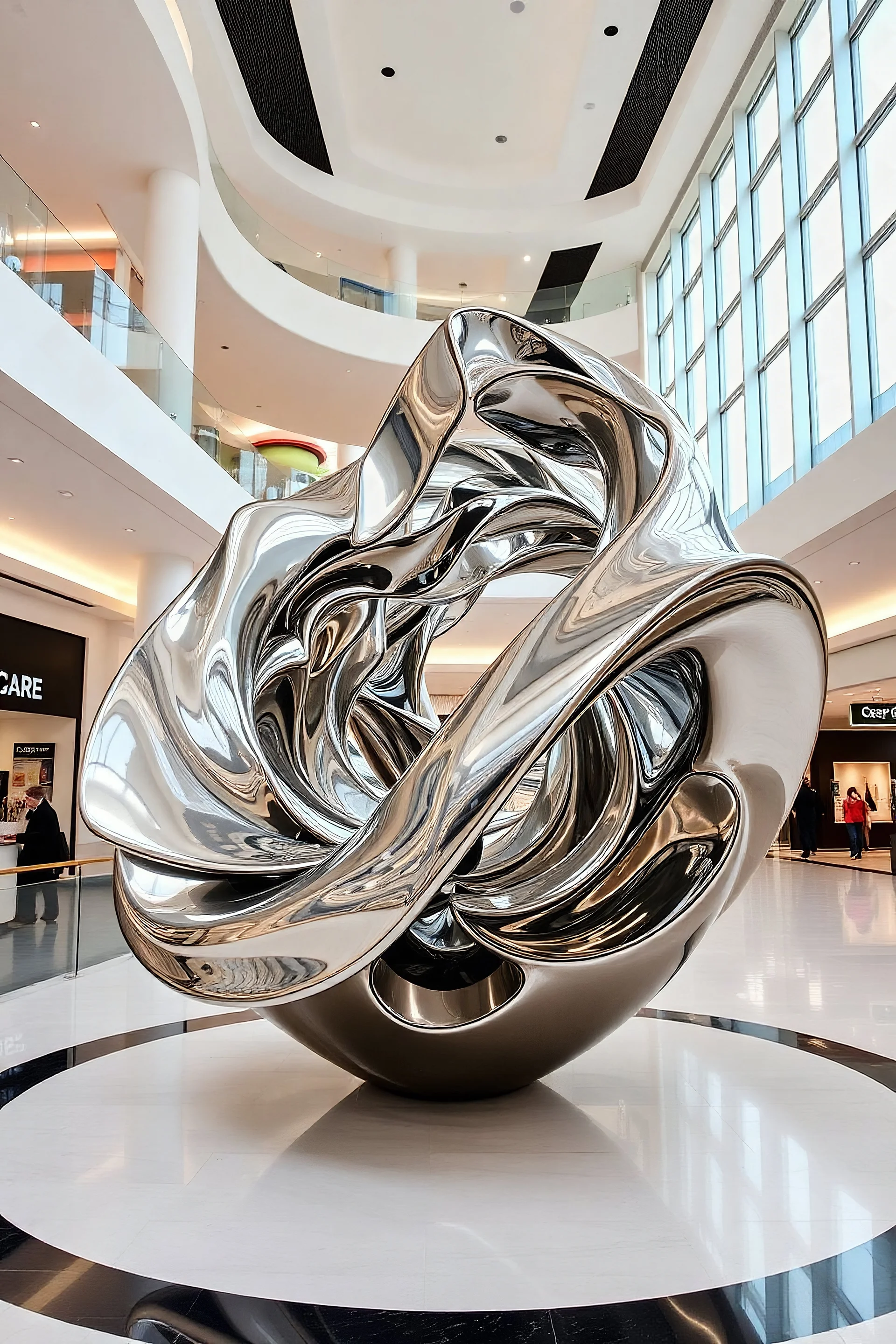 "An indoor mall sculpture featuring polished metallic fractal waves, reflecting light, creating a modern and infinite design."