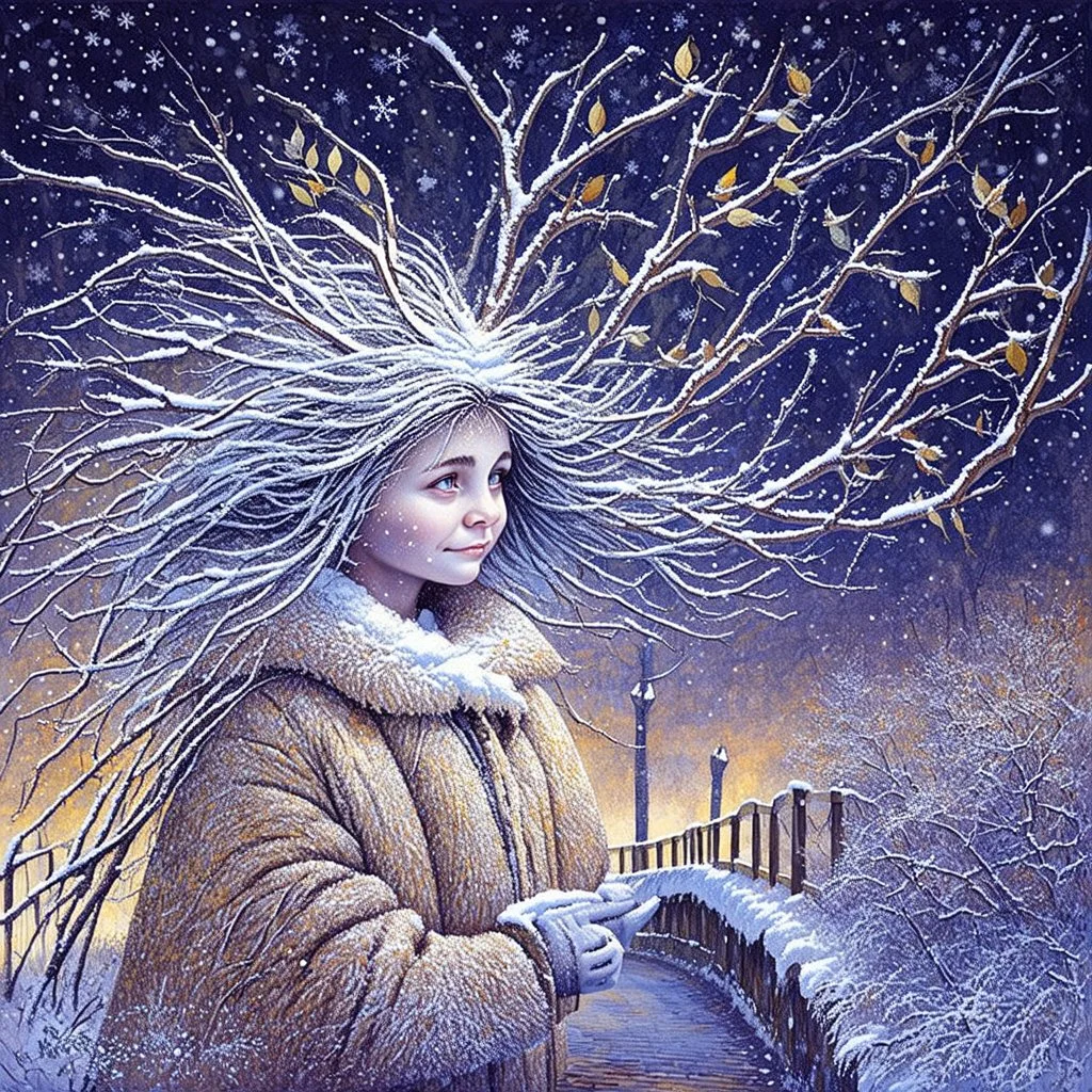 Double exposure: a kind snow troll, hair made of dry branches covered in snow, tits perched on the hair-branches, a sheepskin coat woven from dry leaves and twigs covered in snow, and a winter landscape depicting a fairytale rounded bridge, a tree made of snowflakes painted with frost, filigree kaleidoscopic patterns of frost. Highly detailed textures: a fairytale illustration, splashes of white and gold paint, rich texture, distant and deep space, dreamy watercolor and liquid filigree acrylic.