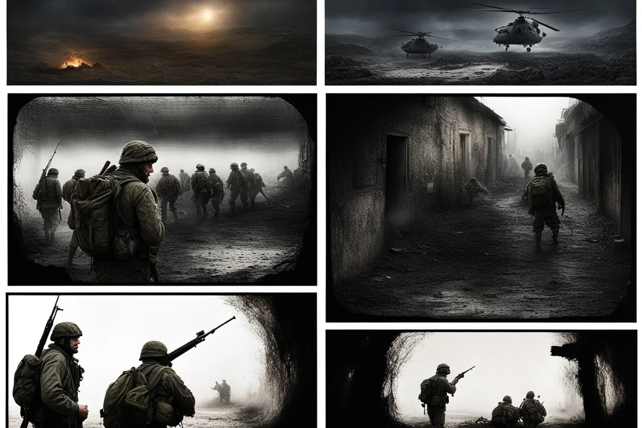Masterpiece1:5)(Fineart), (award-winning:1.5), highest quality, (ultra realism:1.5) war journalism(,(by Tim Page and Hoorst Faas:1.5))(photorealistic:1.8),(Eastern Ukraine:(panel one:the moment after a battle ends, horrors of war, wounded men),(2nd panel, cinematic shot of men sitting in trench with 1000 yard stare (focus on their eyes:1.5)),(the third panel shows troops tired but hyper alert), (the fourth panel shows the sky is filled with incessant, fire and smoke,)