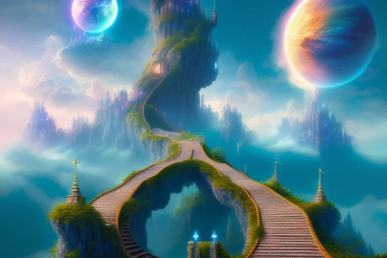 mythical mystical long stairway up to heaven in the sky, beautiful colours, fine art, trending on artstation, masterpiece