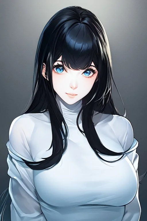 generate a realistic image of a skinny girl with white skin blue eyes and black hair