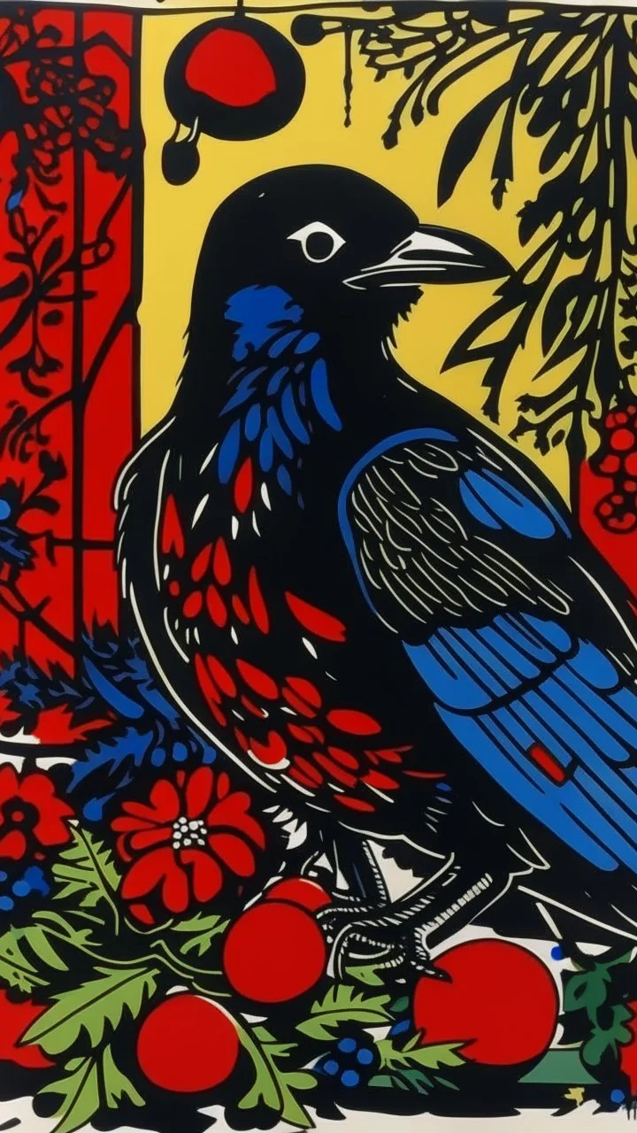 A contemporary serigraphy by Matisse and miyazaki of a human-like crow with a punk leather jacket within a Christmas atmosphere.