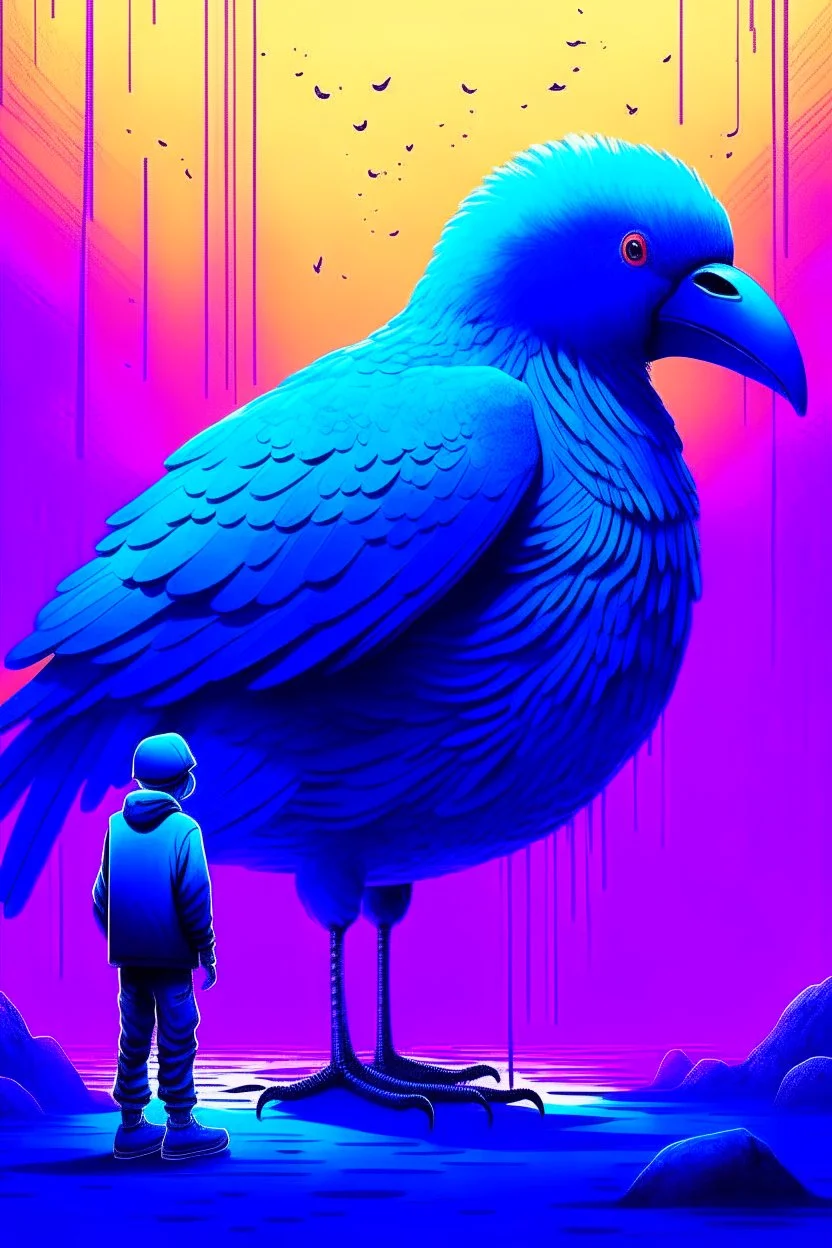 giant blu bird pecking small man in the metaverse style of beeple