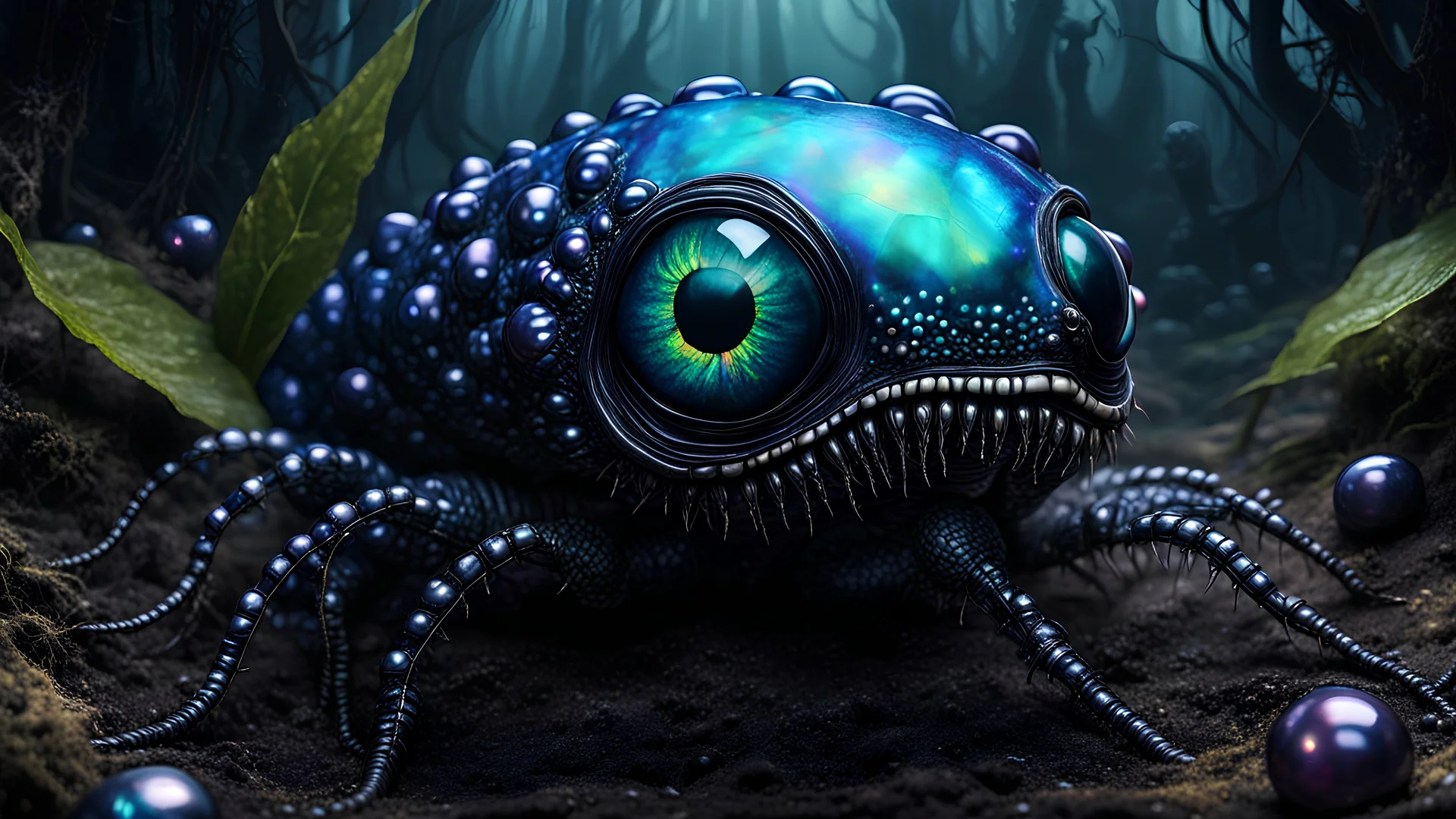 A gritty, full-body shot of an insatiably evil black opal iridescent pearlescent dark caterpillar alien hybrid from alice in wonderland in a surreal landscape, with sharp ivory teeth, macabre, Dariusz Zawadzki art style, liminal spaces, horror art, dark gaming background, wet, glossy, horror art, trypophobia, eerie, intricate details, HDR, beautifully shot, hyperrealistic, sharp focus, back lit, 64 megapixels, perfect composition, high contrast, cinematic,