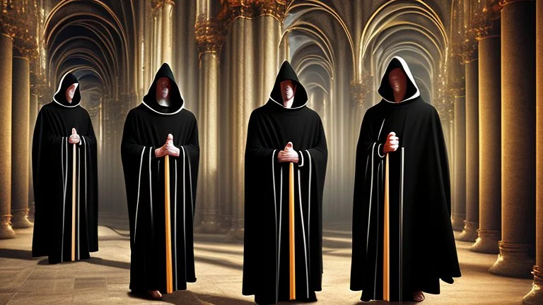 Black robed, hooded monks in the church