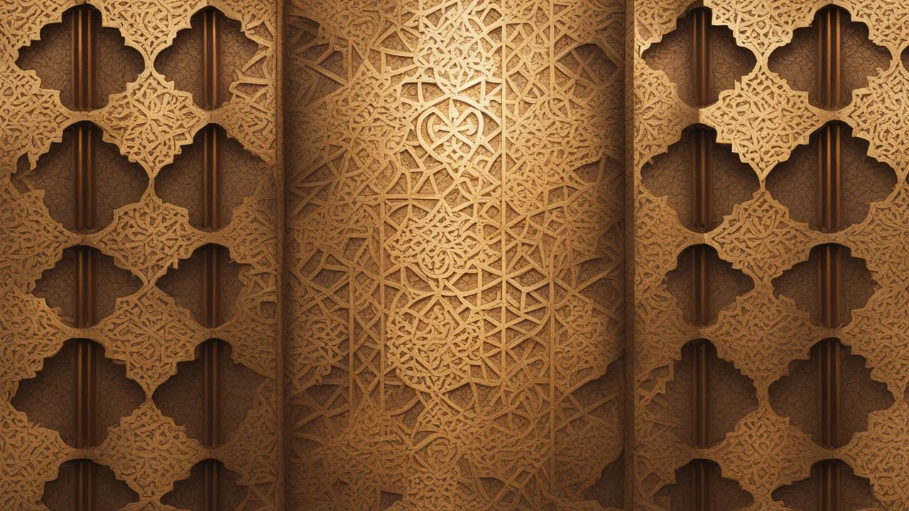 Hyper Realistic Bright-Glowing-Golden-Islamic-architecture-pattern on rustic-brown-rustic wall