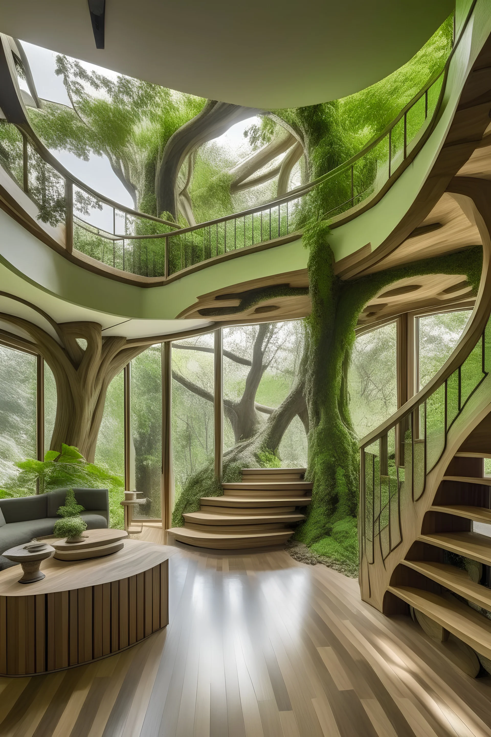 The interior of an inexplicably designed house with trees inside