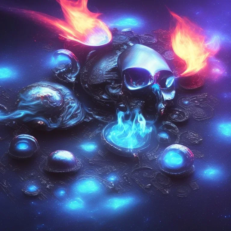 metal magic armoured skull MUSHROOMs stars galaxy SPACE lANDSCAPE BURNING IN BLUE FLAMES hellfire abyss