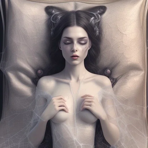 woman sleeping on satin pillow with spiderwebs covering face, goth, mascara running down cheeks, 8k, high-quality, fine-detail, intricate, sharp, crisp, digital art, detailed matte, illustration, octane render, brian froud, howard lyon, Anne Dittman, Anne Stokes, Lisa Parker, Selina French