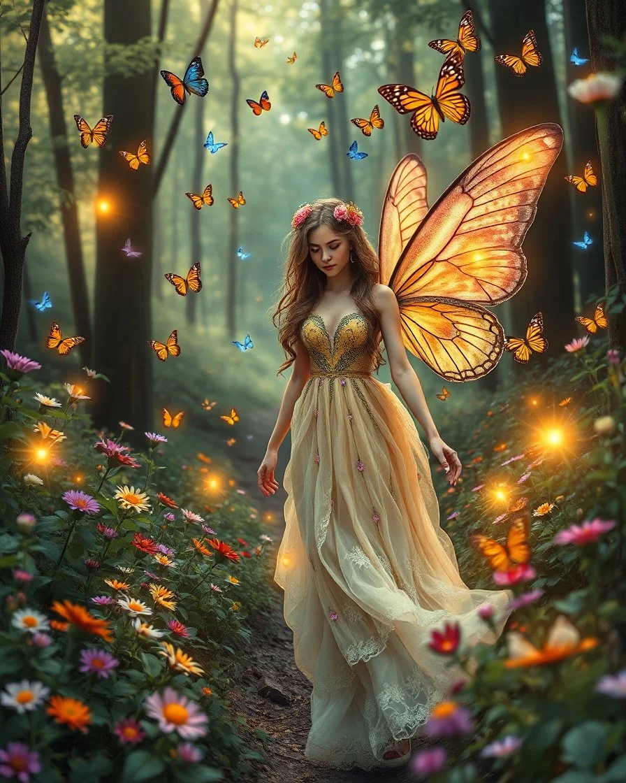 Beautiful Lady Fairy walk in forest with flowers and many colourful butterflies and fireflys, photography art