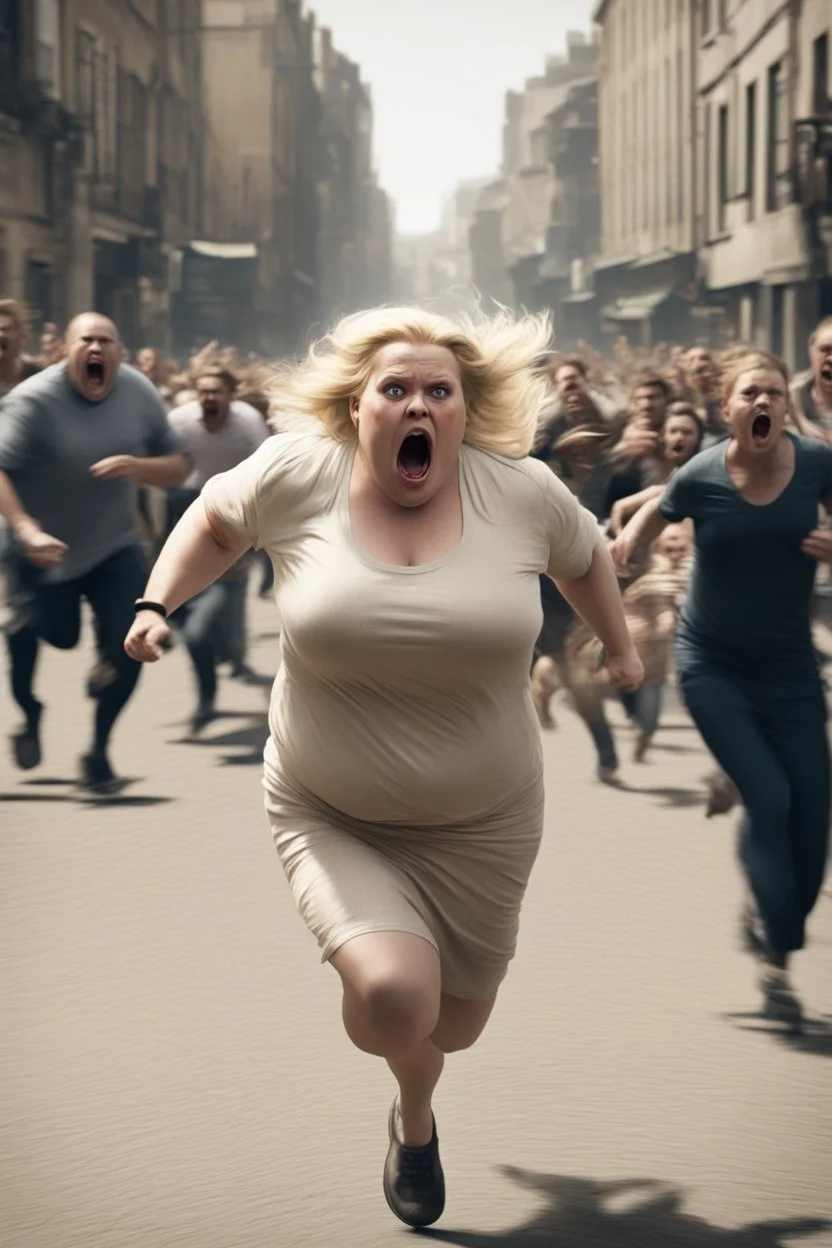 an obese terrified blonde woman running away from an angry mob