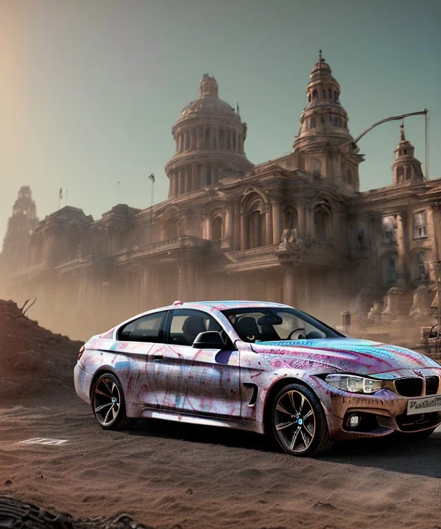 Realistic image. BMW 4 2024. 4k resolution, intricate details, ornate details, soft lighting, vibrant colors, mad max background