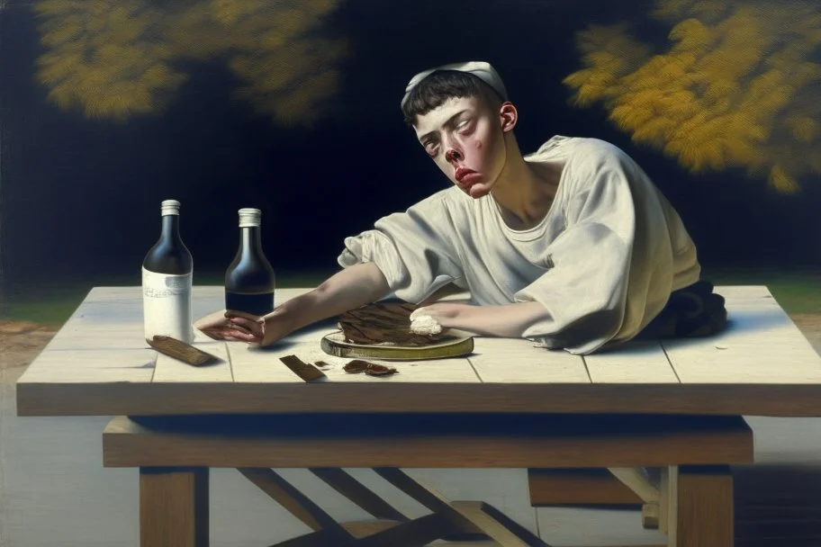 rapper smoking on picnic table by Caravaggio