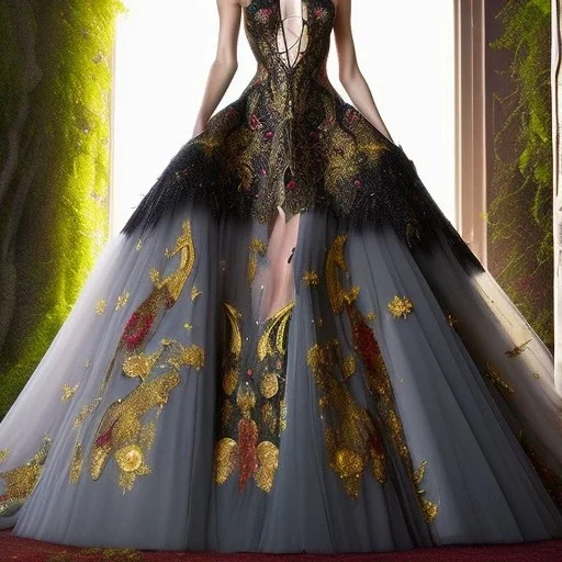 stunning extrem opulent haute couture gown designed by Marchesa inspired by fairies, realistic epic elegant fantasy color mix of black and gold and dark red,decorated with precious stones, detailed, high quality, intricate, fantasyland background,