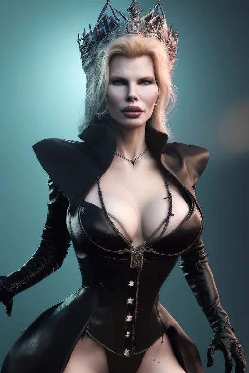 Kim Basinger as evil queen in black leather, busty, cleavage, curvy, angry, happy, stern look. character design by cory loftis, fenghua zhong, ryohei hase, ismail inceoglu and ruan jia. unreal engine 5, artistic lighting, highly detailed, photorealistic, fantasy