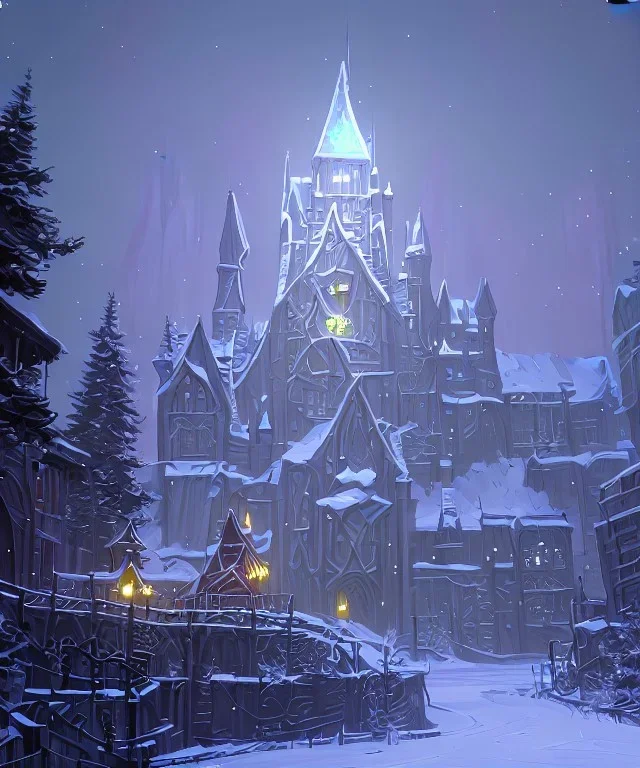 A magical snowy warlock gothic castle with river canals and a large Christmas tree