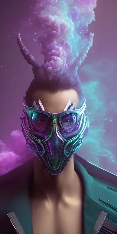 purple galaxy masked super villain, weapons in hands, teal and purple smoke, full portrait, hyper realistic, 4k