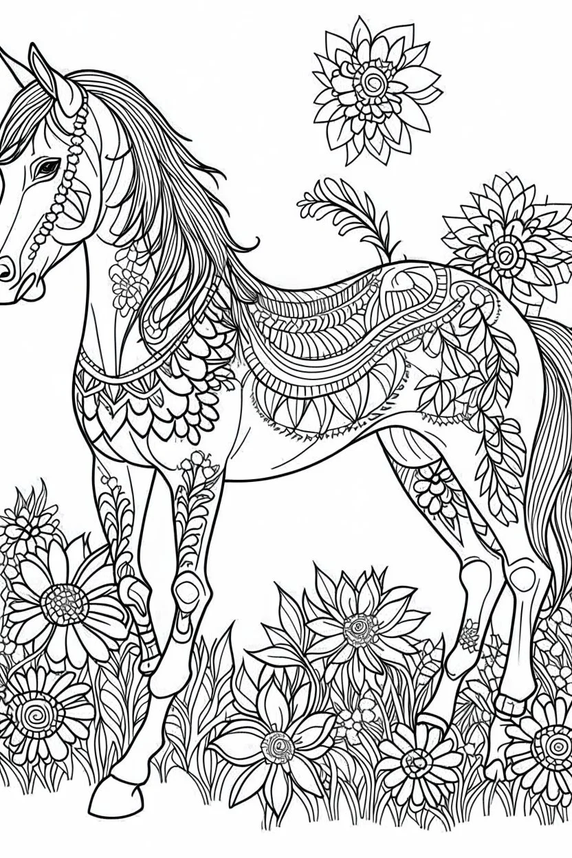 outline art for horse coloring pages with horse and flowers, white background, Sketch style, full body, only use outline, clean line art, white background, no shadows and clear and well outlined