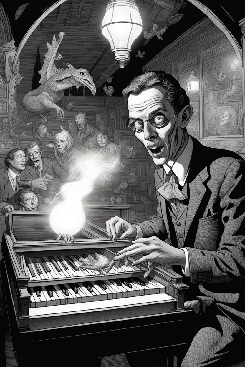 close up on face of comic news paper journalist horror harlequin playing burning piano in a coffin smoking as geese dinosaur reptiles in very bright light bulb factory on the bridge train station with twisted ladders with the most a confused look on his face in front of a huge glass prism clock with angels crawl in from the dark shadows, in the style of Escher and Dali and Cthulhu