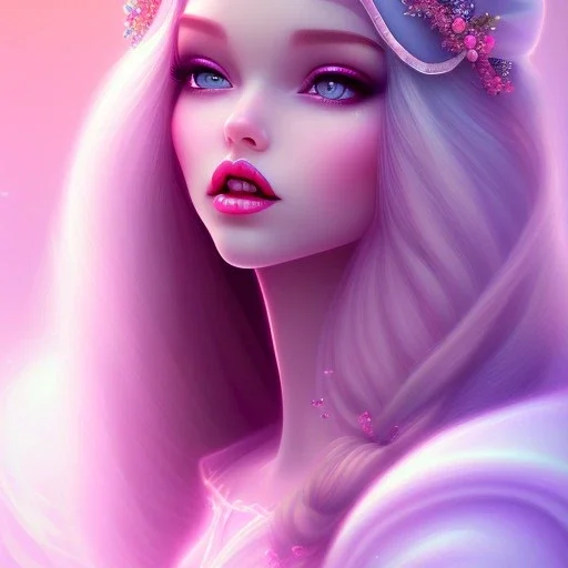 Snow white, beautiful, soft,long straight blonde hair blues eyes, clothing in transparent bluish and pink veil, background brillante bluish and pink,