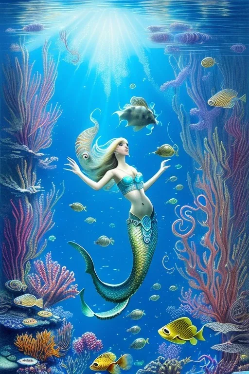 underwater scene, a mermaid with shimmering tail, beautiful colors, octopus, fish, very fine detail, high quality, mystical, romanticism, intricate, Neo-Impressionism,