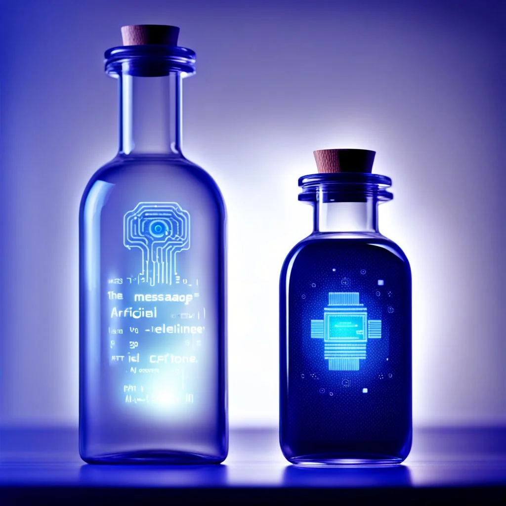 A digital message in a glass bottle. The message is the creation of artificial intelligence.