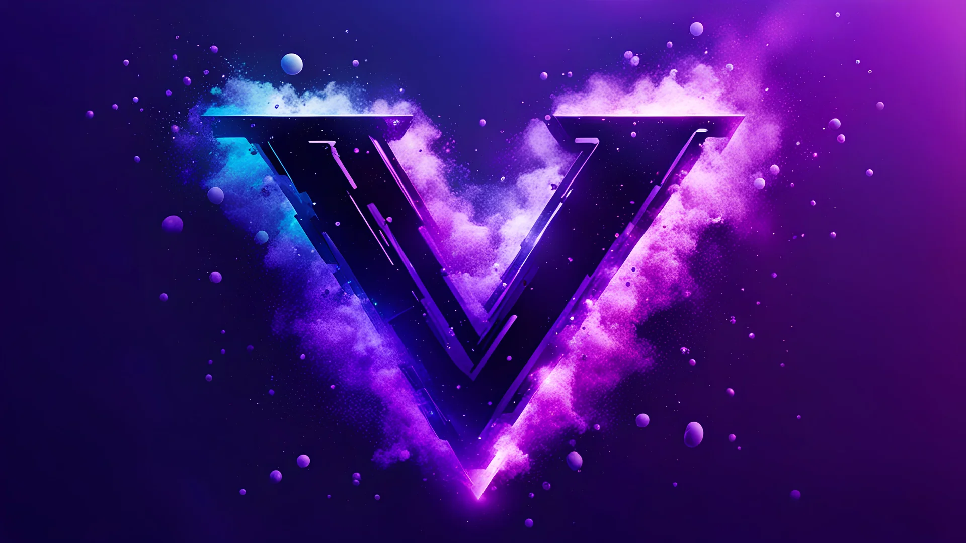 A cyberpunk logo of the letter "V". Purple. Indigo. Atmospheric. Floating dust particles. Small glitch effect.