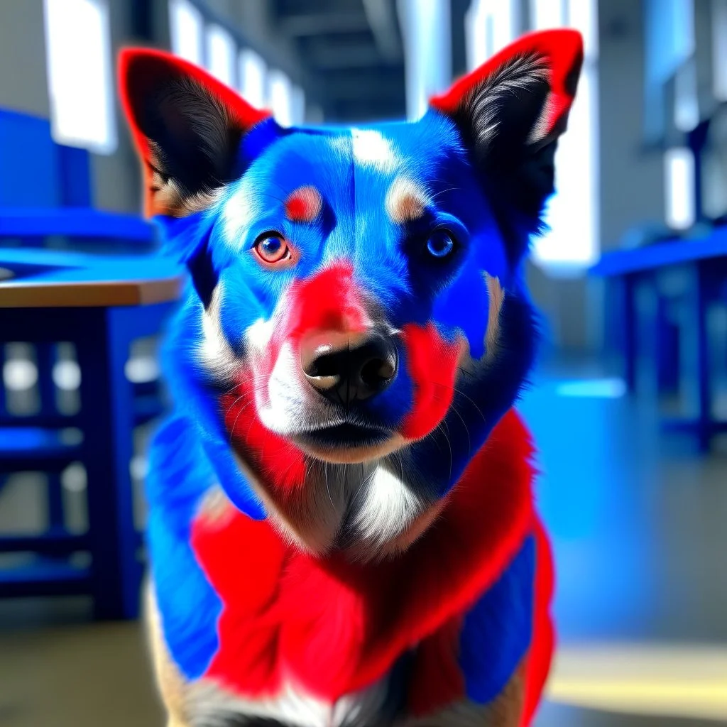 a blue and red dog in the stedum