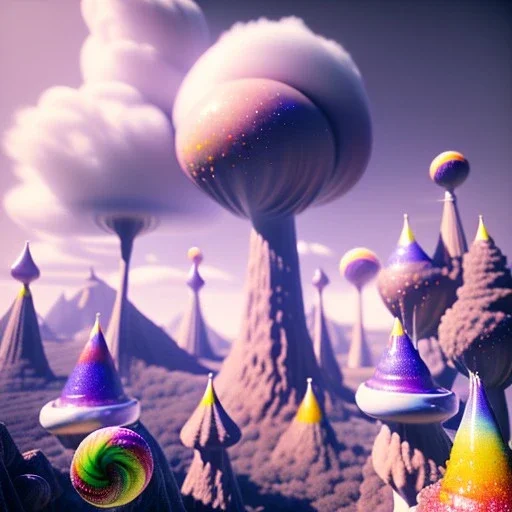 a psychedelic realm with rolling plains made out of milk,trees look like lollies, mountains made out of Dark Chocolate, and Clouds made out of cotton candy, in the style of wlop and namek, illustration, epic, fantasy, hyper detailed, smooth, unreal engine, sharp focus, ray tracing