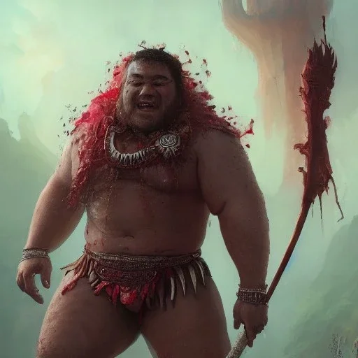 Insanely detailed photograph of an “portrait of a Giant Downsyndrome D&D barbarian wearing a red loincloth ”, smiling clear face and hyperdetailed painting by Ismail Inceoglu Huang Guangjian and Dan Witz CGSociety ZBrush Central fantasy art album cover art,8K, hdr, epic, mysterious, ominous, hands focused on a glowing D20, jewelry, motivated