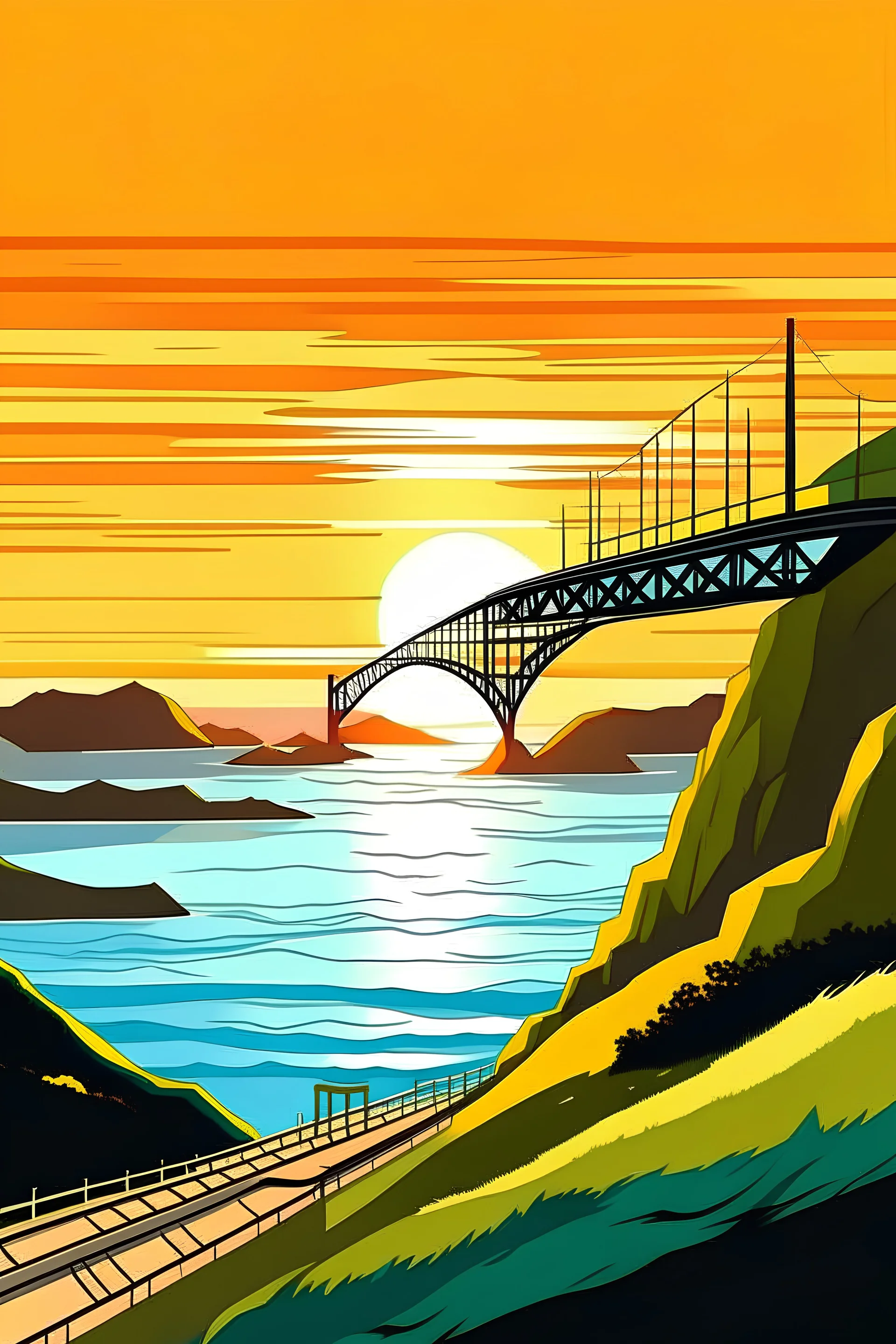 make a sunset over the ocean where you see the road eyelands on the ocean. and one that connects to the land with a white bridge. make it in a cartoon and animated way