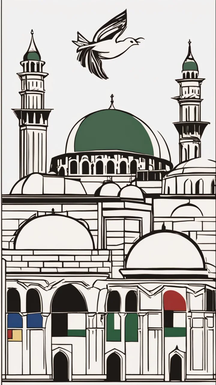 A design for Al-Aqsa Mosque, with a dove around it that expresses freedom, and the Palestinian flag flutters, covering Al-Aqsa Mosque.