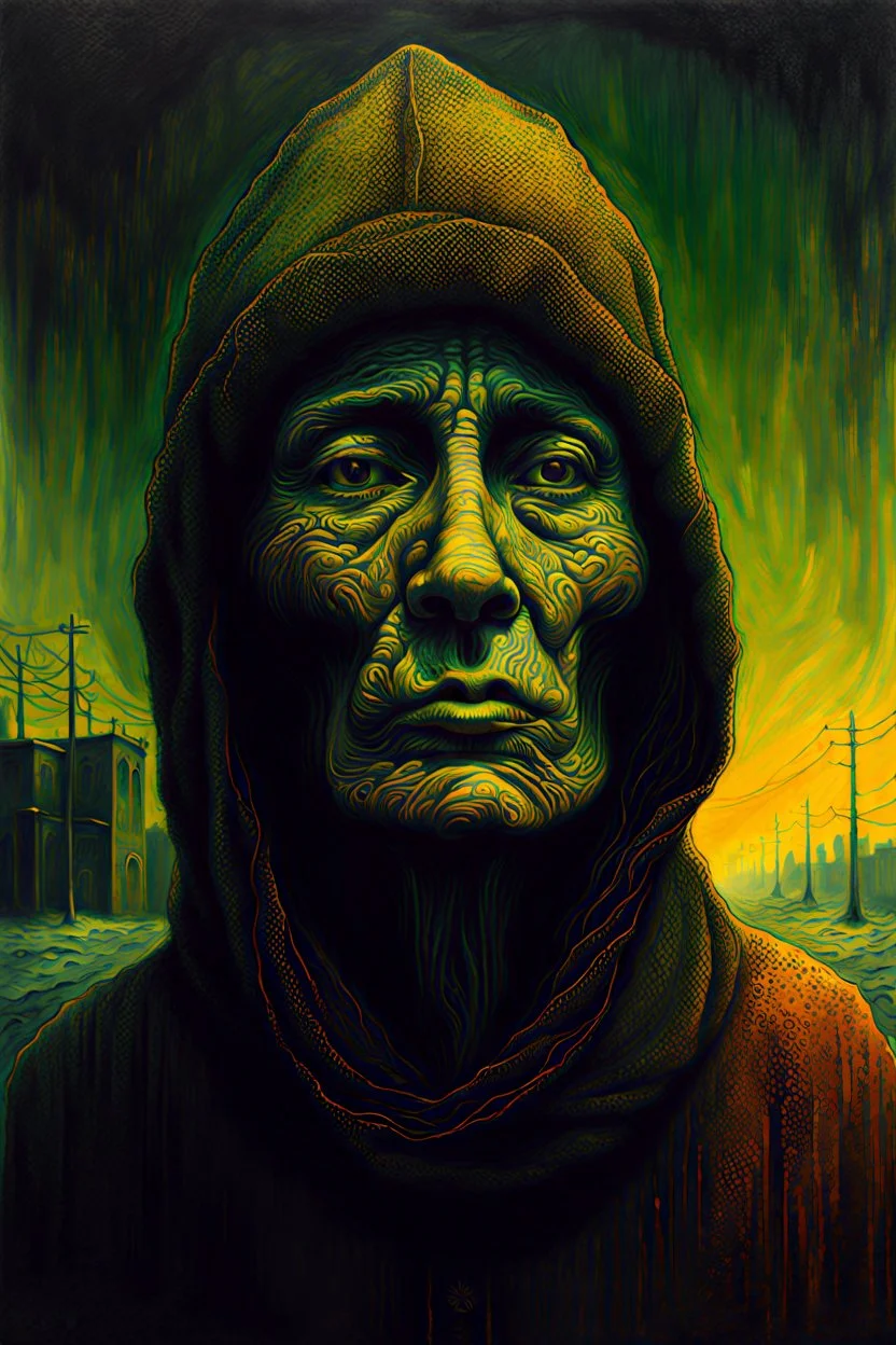 A surreal homeless female wander with highly detailed facial features in the style of Zdzislaw Beksinski, dark luminous colors and aesthetic.