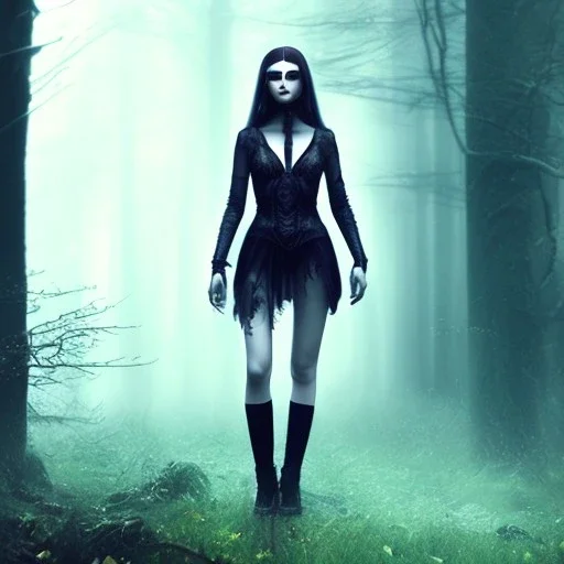 ethereal, gothic makeup, dark forest, shaved head, long legs, full-body