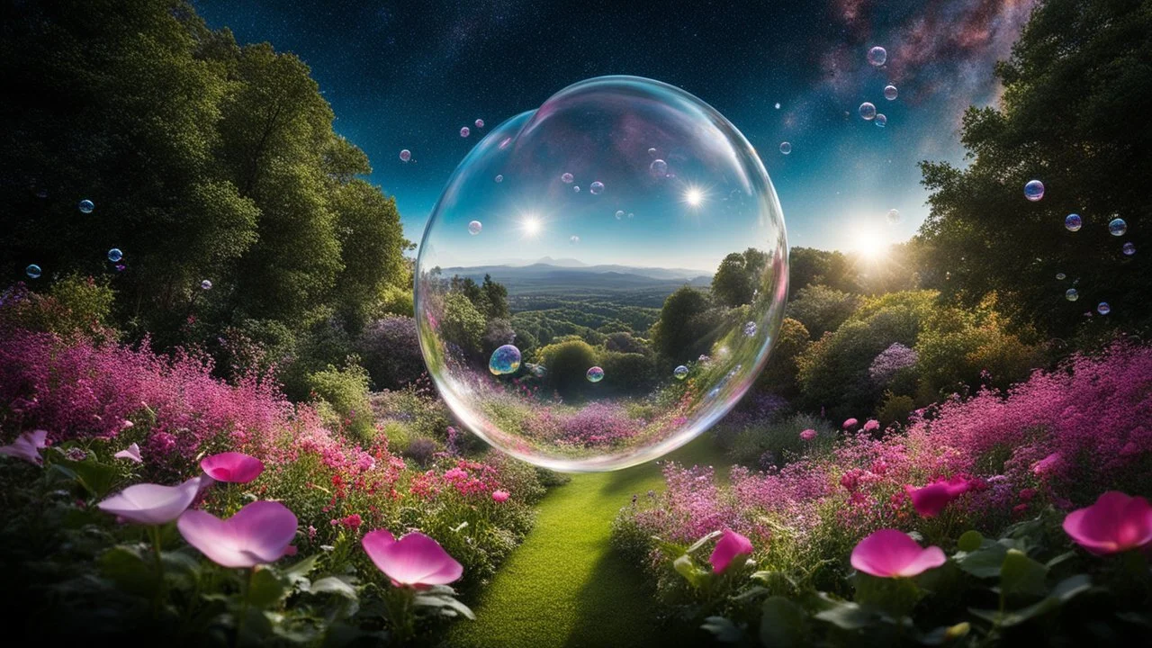 A luscious garden floating in space, where flower petals glow with the colours of distant galaxies. Many giant transparent bubbles hover above, containing miniature gardens thriving in weightlessness. Beautiful award-winning photograph, 80mm focal length, rule of thirds.. Award-winning photograph, 80mm focal length, chiaroscuro