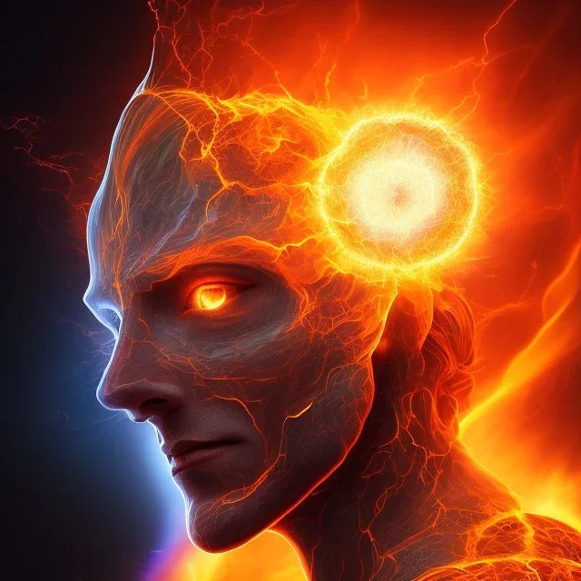 Ancient elemental power God El of fire, Great lava flowing halo around head, burning meteor, inner core of earth, tornado smoke cloud, inspiring spark