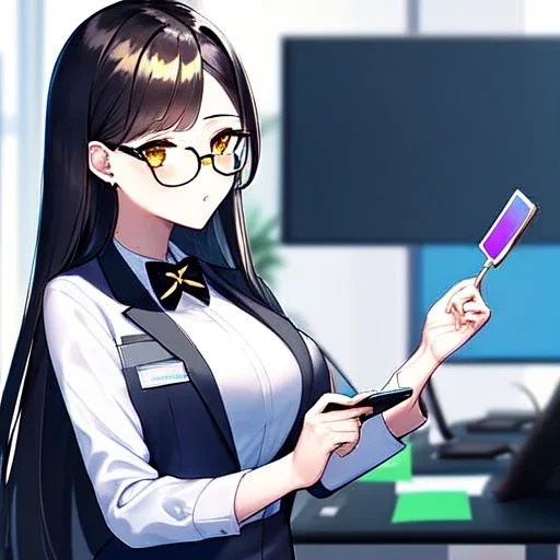 Clear focus, 8k, high quality, detailed, beautiful lighting, girl, vibrant colors, black long hair, vibrant golden eyes, office clothes, glasses, holding pin,