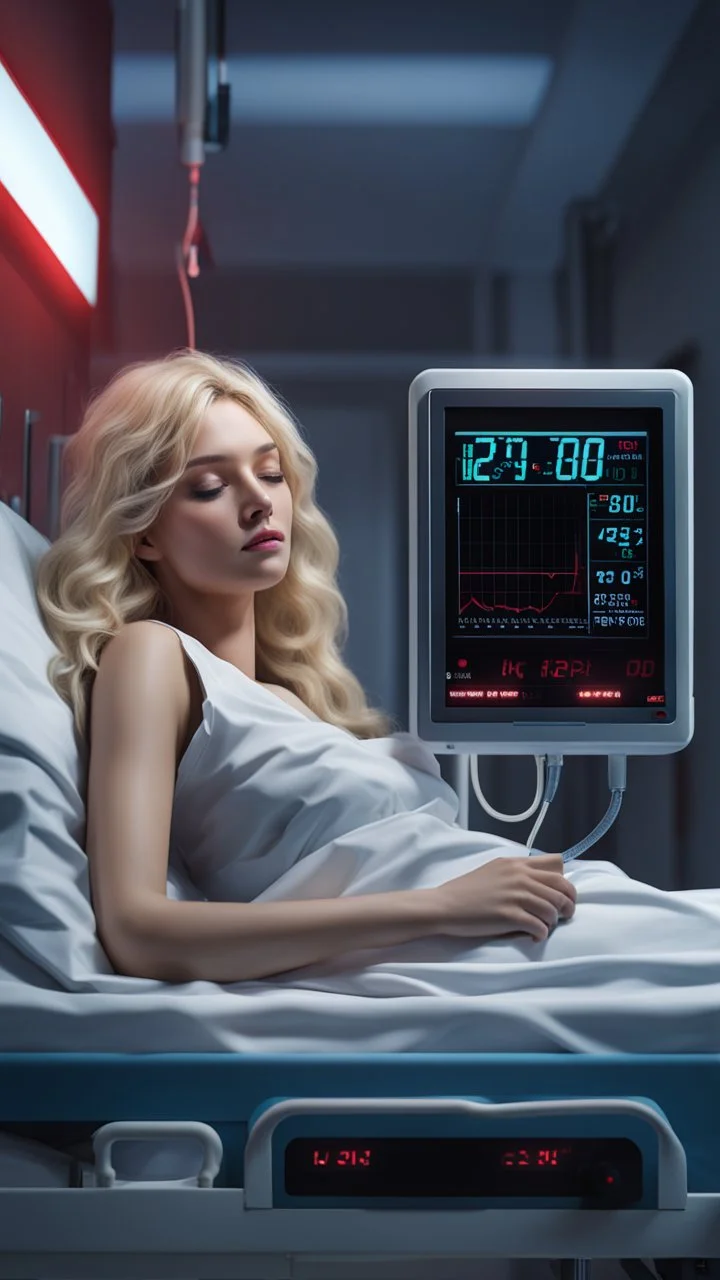 photorealistic hyperdetailed very small young woman with blonde hair lying asleep on a hospital large bed with a heart monitor and iv lines attached