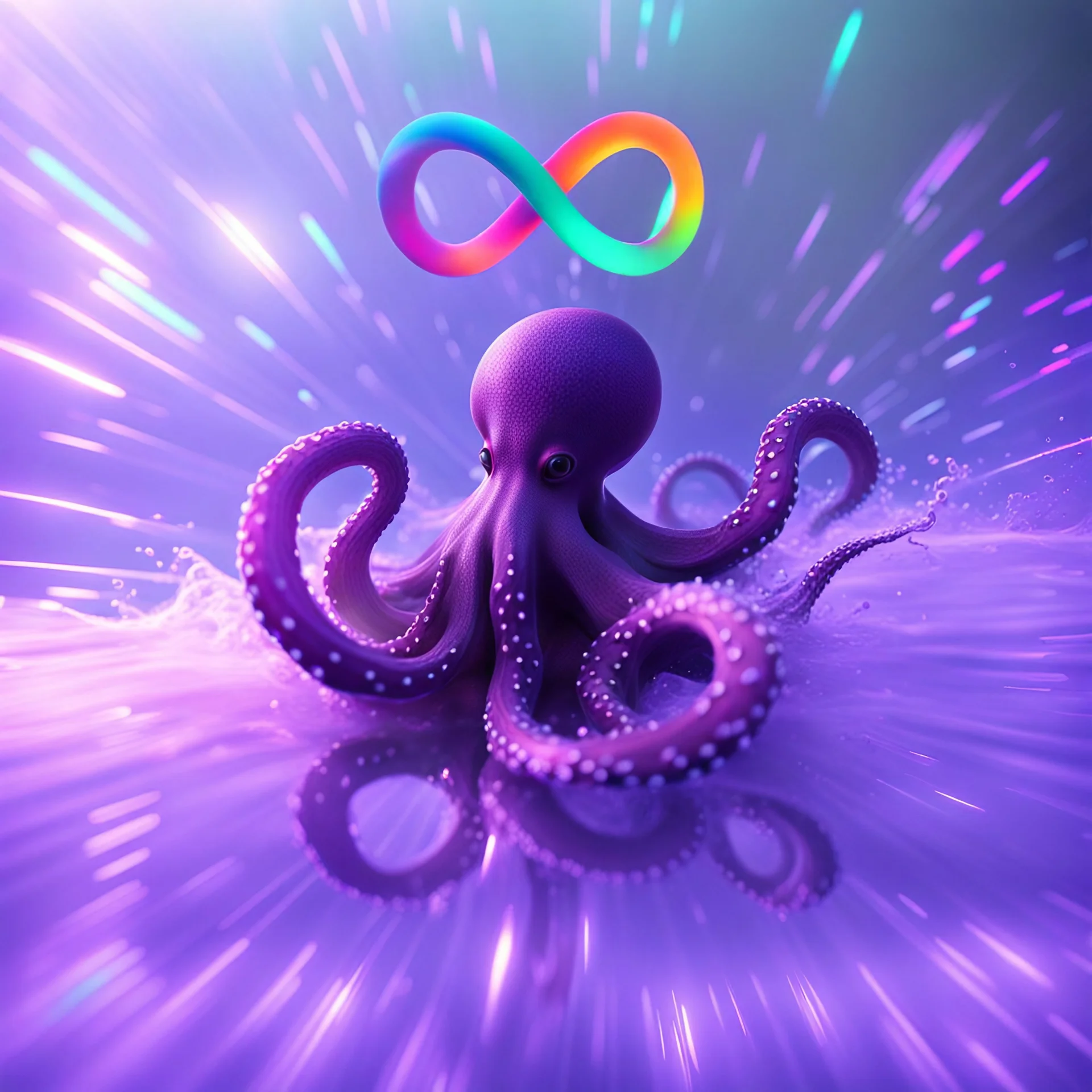 infinity symbol ∞ with vibrant powerful octopus jumping out of the water, striking, neon, chiaroscuro, dramatic, captivating, powerful, fantasy, beautiful, octane render, 16k post-production, artstation: award-winning: atmospheric: commanding: fantastical: clarity: ultra quality: striking: brilliance: stunning colors: amazing depth; lens: f/11, 35mm