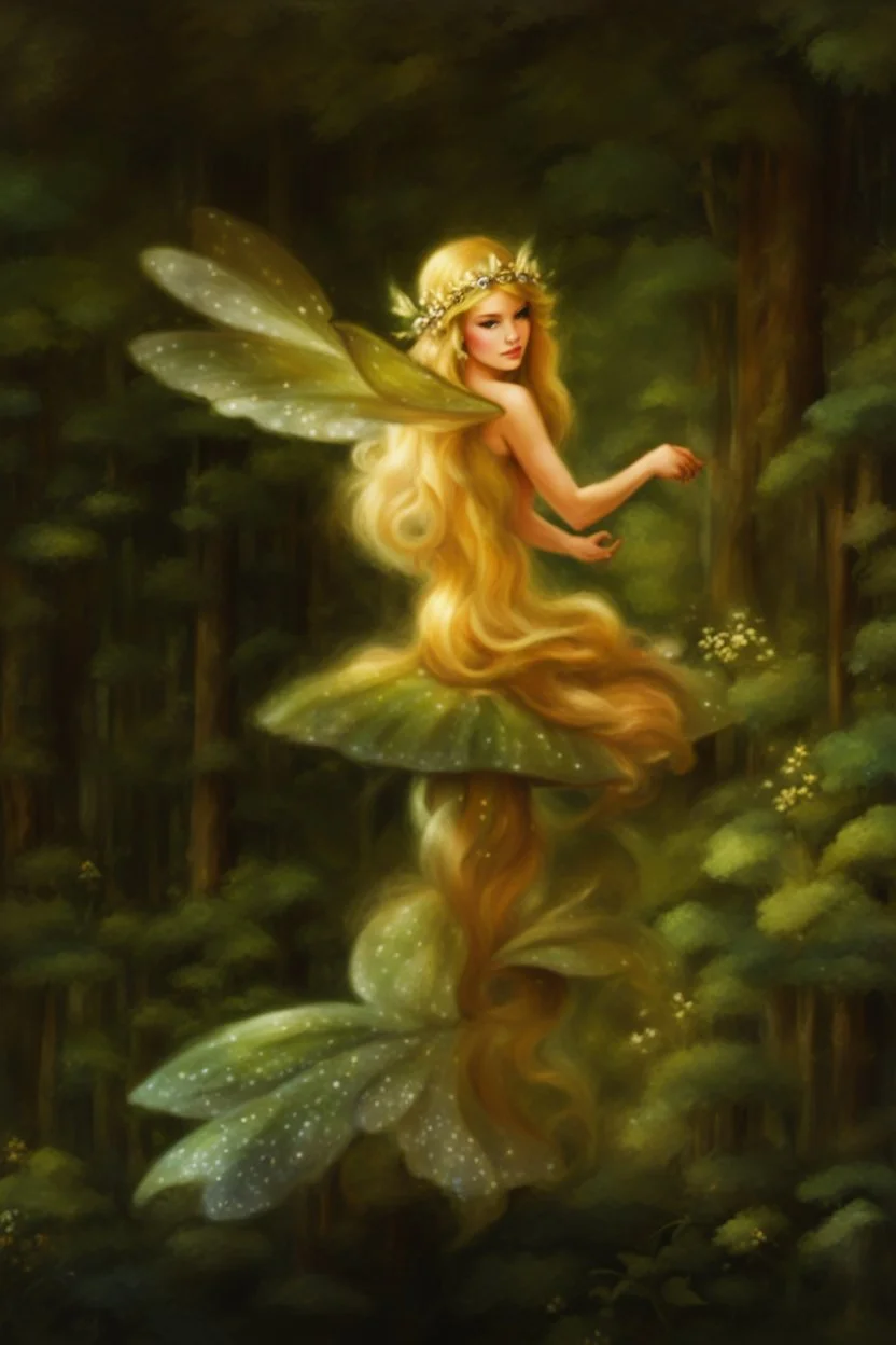 Fairy Princess, long blonde hair,long golden hair, Fairy crown ,fairy, fairy wings, mushroom,sparkle,,Lilly of the valleys