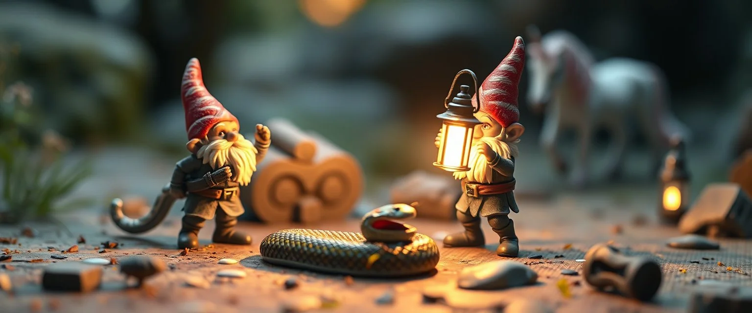 air brush 3d with pen outline, In the background, another tiny human gnome carrying an absurdly powerful lantern suddenly shines a bright spotlight directly onto the snake and performs a ridiculous little victory dance. A tiny spider crawls across the board while a miniature unicorn calmly wanders through the background. Detailed miniature fantasy environment, expressive gnome faces, exaggerated physical comedy, realistic materials, cinematic camera movement, shallow depth of field, warm lantern