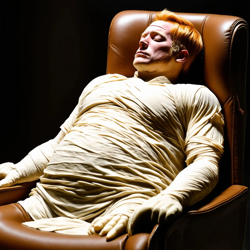 a chubby extremely mummified male corpse, eyes closed, strawberry blonde hair, leaned over in a brown chair