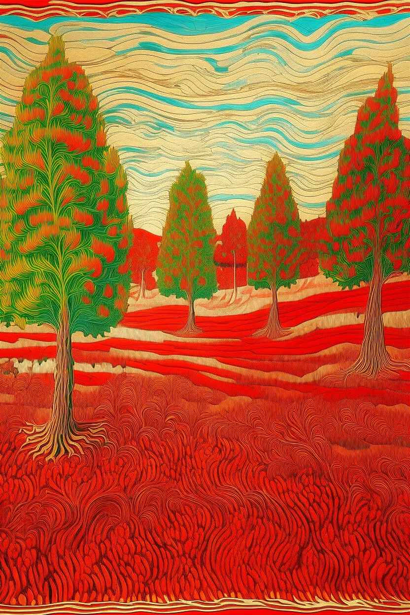 A red grassland plain with cypress trees designed in Mehndi design painted by Claude Monet