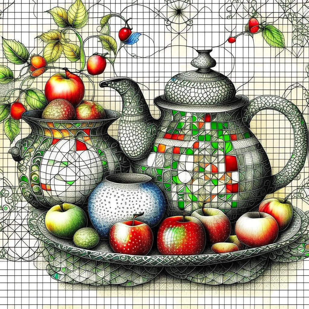 Watercolour and ink patchwork in the style of Jamie Heiden, Walter Crane, Yayoi Kusama, Ivan Shiskin, John Atkinson Grimshaw: zentangle cute whimsical watercolor Still life with apples on a porcelain plate and a teapot crisp quality, ultra detailed, elegant, fantastical, surreal, watercolor and pen, beautiful high definition fine 3D line art, white and grey and red dreamy colours, extremely detailed, intricate, elaborate, HDR, award winning, expressionism, fantastic view, ethereal, fantasy, unsi