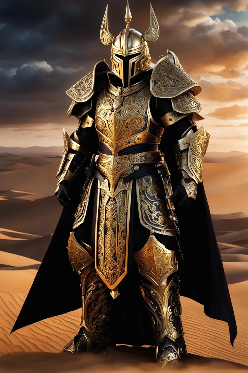 Full body photography,front_view, dark Lord ooking at viewer,traditional dress ornaments mechanical_armor,intricate armor, delicate golden filigree, intricate filigree, black metalic parts, detailed part,desert background, dynamic lighting