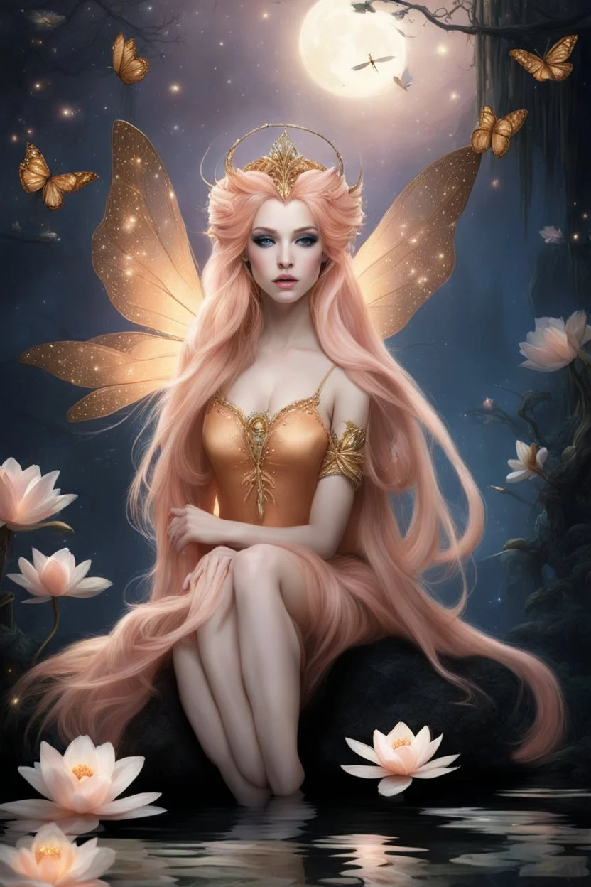 Peach hair , light peach hair, dark,night dark gold,gold,golden,rapunzel hair,dragonflies,water lilies, night,light,,butterflies,elven ears,dark fairy ,night sky,stars,princess,nymph,sparkle,glitter,orchids